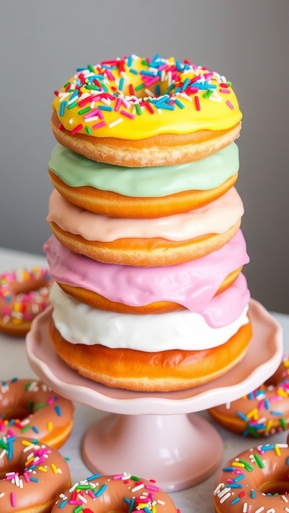 A colorful 5-layer donut cake with sprinkles, displayed on a cake stand.